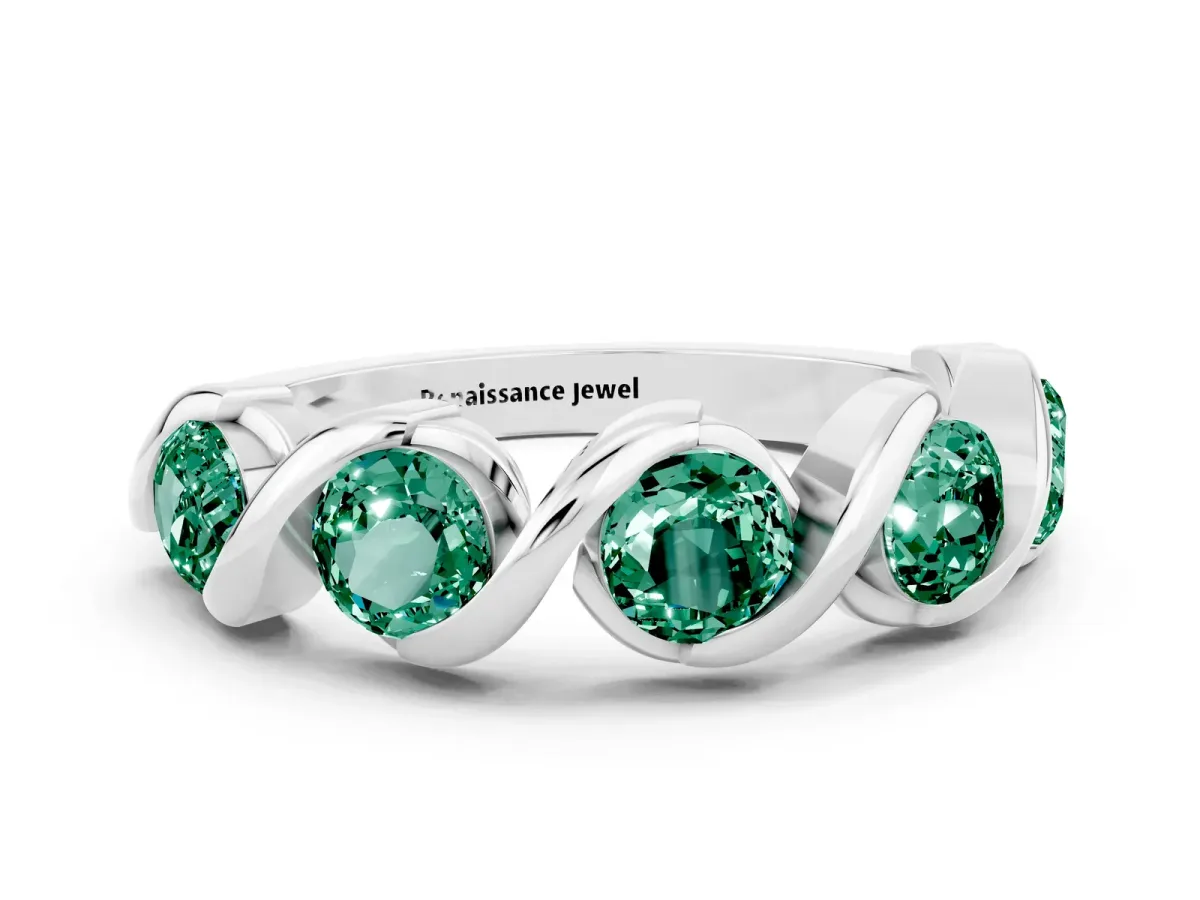 Round Green Sapphire Wave Band with Channel Setting and Shared Prongs Platinum