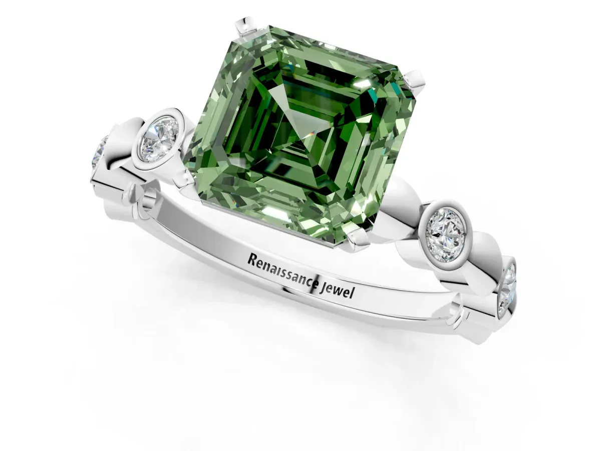 Fancy Green Asscher Cut Solitaire Bezel-Set Diamond Ring with Beaded Band and Four-Prong Setting Platinum