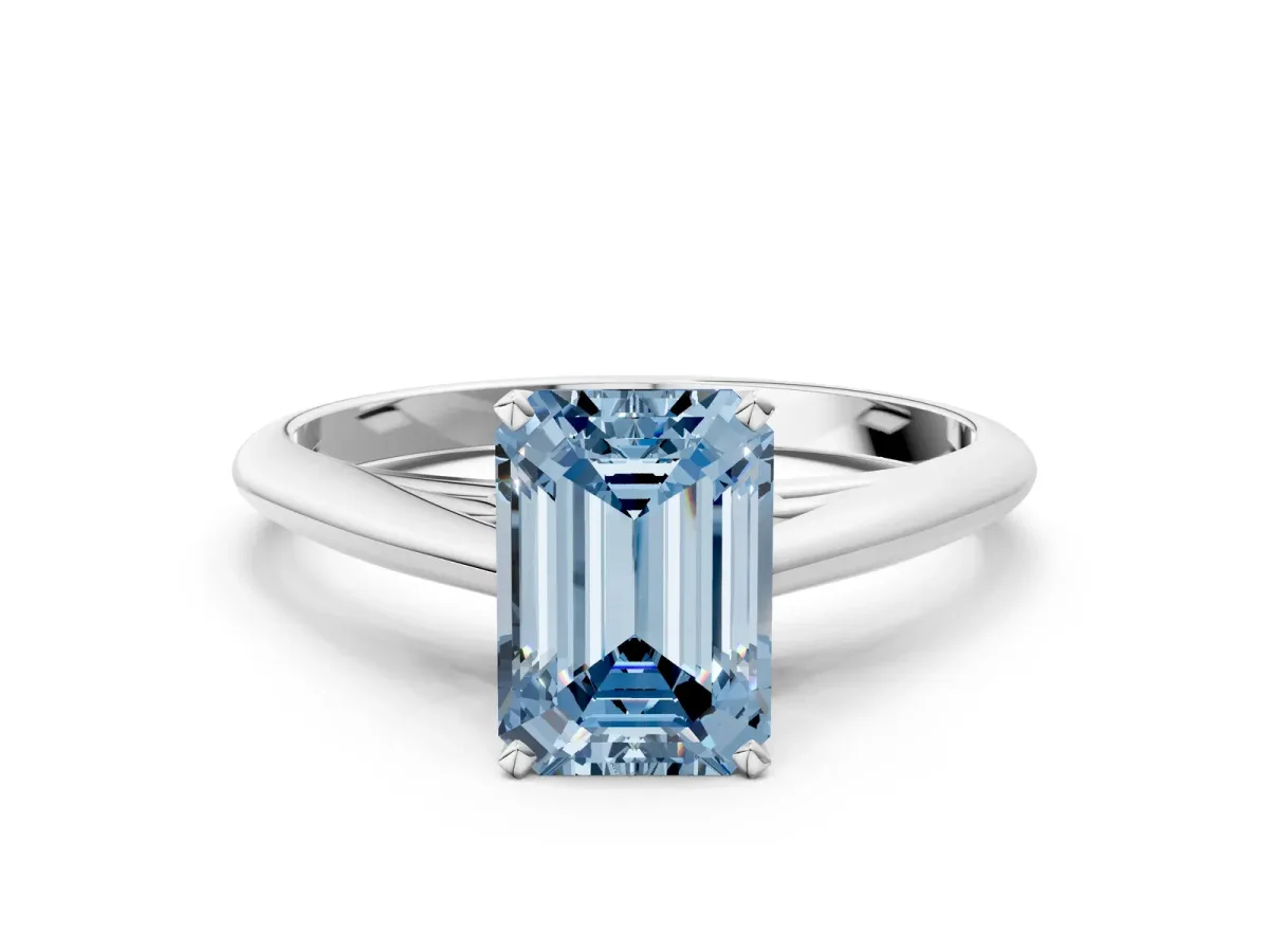 Fancy Blue Emerald Cut Diamond Solitaire Engagement Ring with Cathedral Setting and Four-Prong Mount White gold