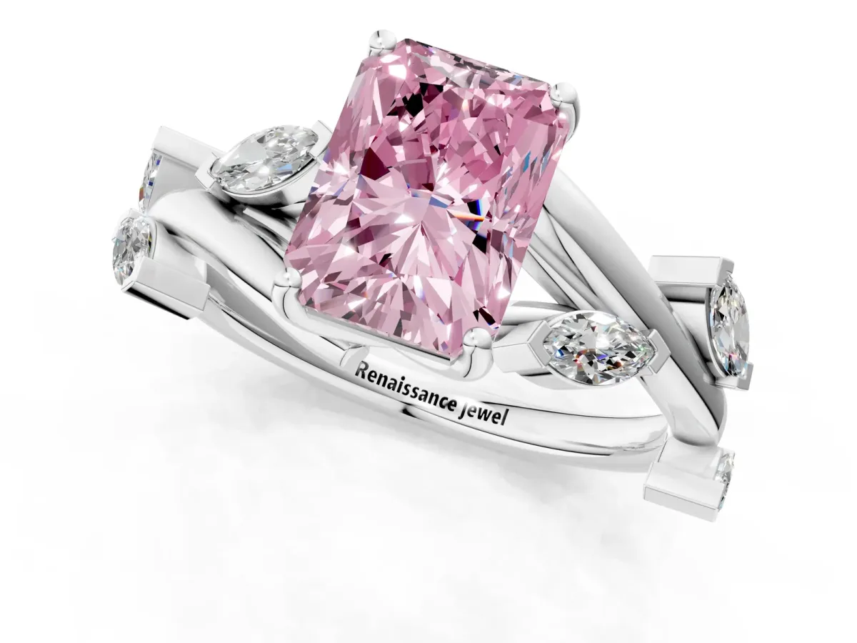 Fancy Pink Radiant Cut Solitaire Twisted Band Marquise Accent Prong Setting Ring Platinum