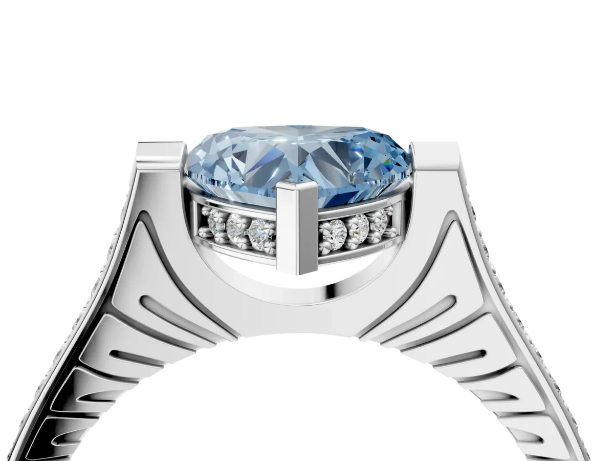 Fancy Blue Heart Cut Solitaire Diamond Ring with Channel Set Band and Bezel Prong Setting Platinum
