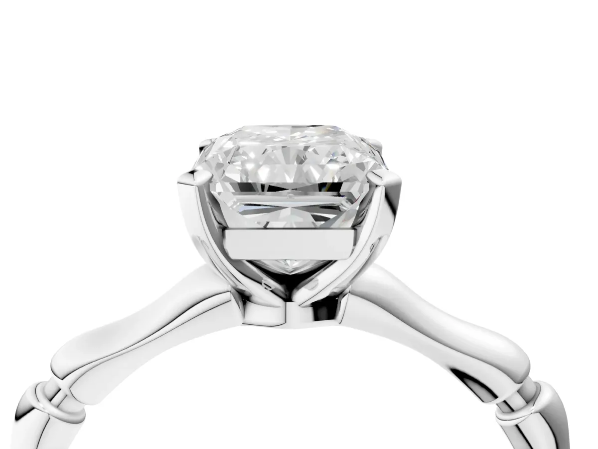 Radiant Cut Solitaire Diamond Ring with Bamboo Band and Four-Prong Setting Platinum