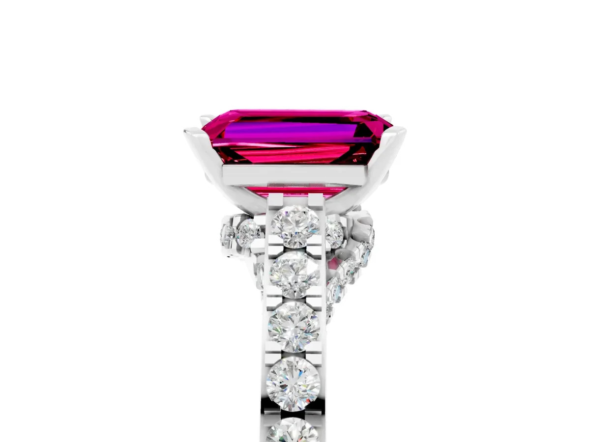 Emerald Cut Garnet Solitaire Ring with Crossover Gallery and Round Pavé Band Silver