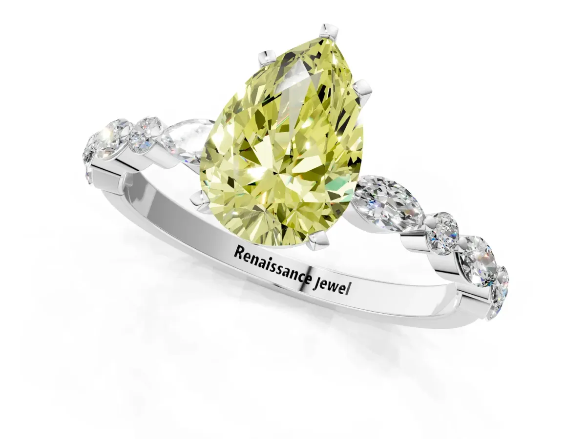 Fancy Yellow Pear Cut Diamond Ring with Marquise and Round Side Stones and Four-Prong Setting Silver
