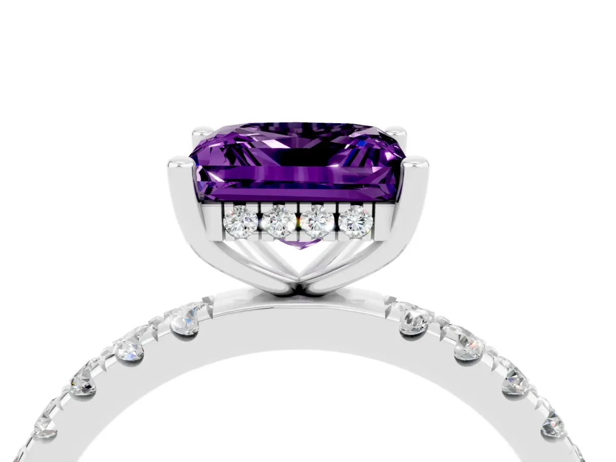 Princess Cut Amethyst Pave Band Solitaire Ring with Round and Prong Setting Platinum