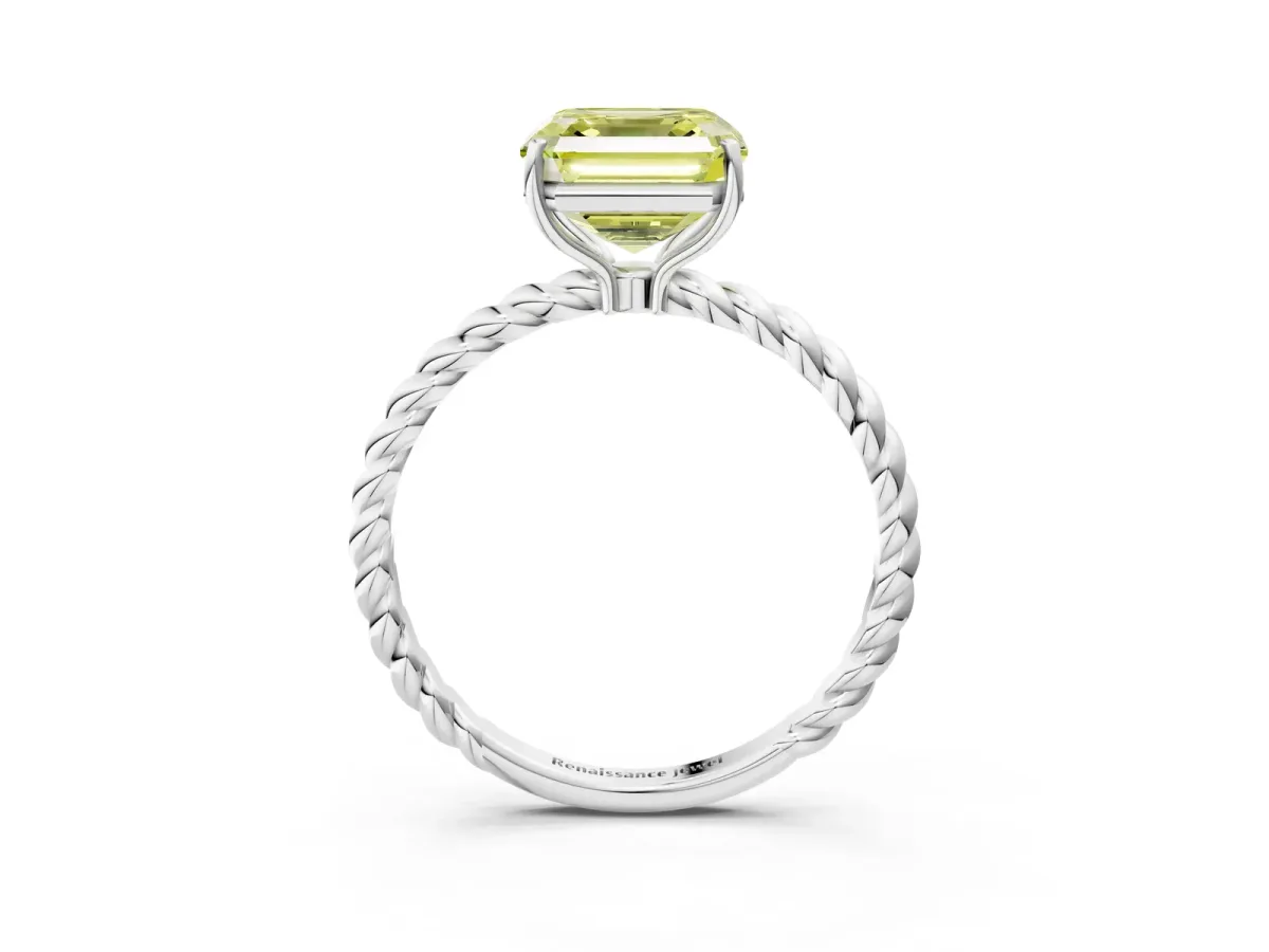 Fancy Yellow Asscher Cut Solitaire Twisted Band 4-Prong Ring Platinum