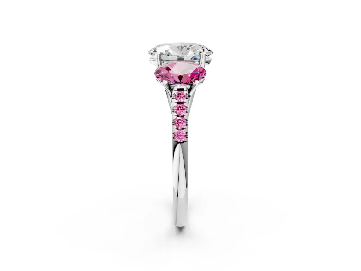 Three-Stone Oval Cut Diamond Ring with Round Pink Sapphire Pavé Band and Prong Setting Silver