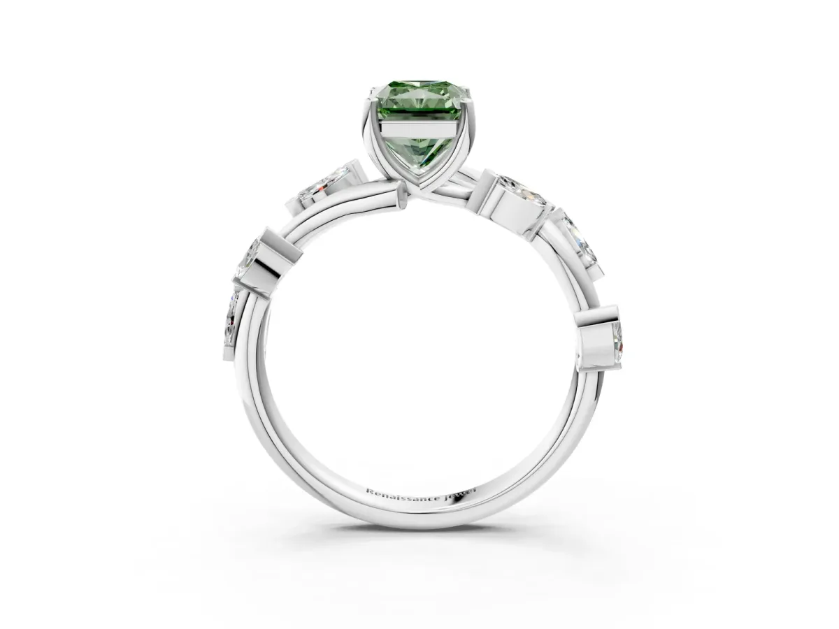 Fancy Green Radiant Cut Solitaire Twisted Band Marquise Accent Prong Setting Ring Platinum