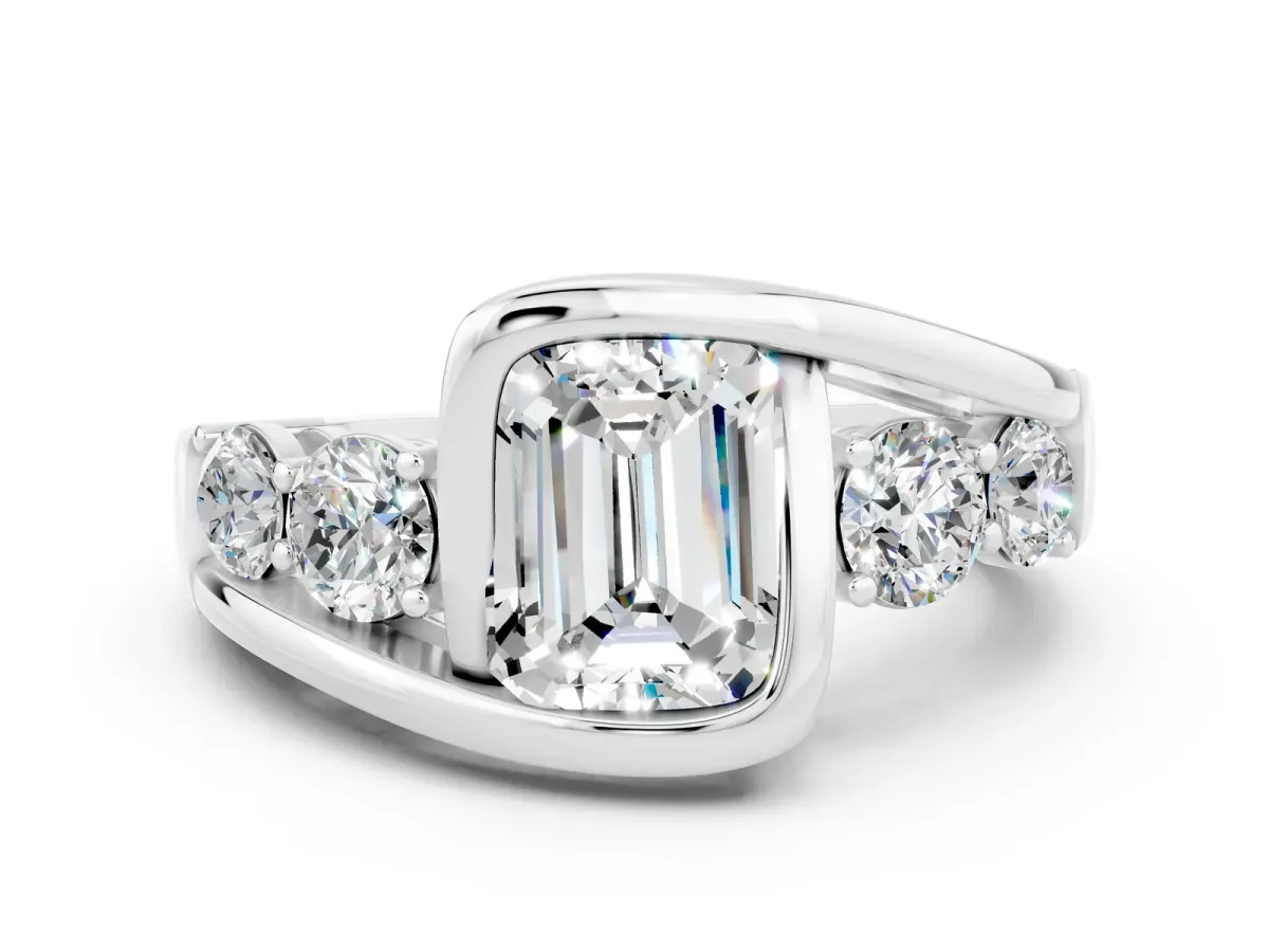 Bezel Set Emerald Cut Moissanite Bypass Ring with Round Accents Silver