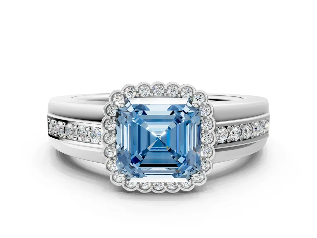 Fancy Blue Asscher Cut Cut Halo Pave Band Four-Prong Ring Platinum