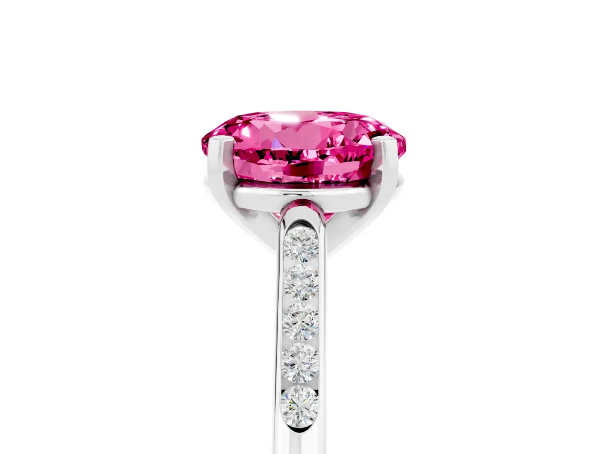 Round Cut Pink Sapphire Solitaire Ring with Channel Set Round Band and Prong Setting Silver