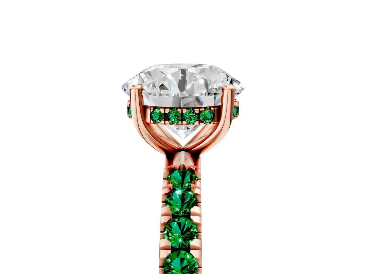 Round Cut Diamond Pave Band Solitaire Ring with Round Emerald and Prong Setting Rose gold