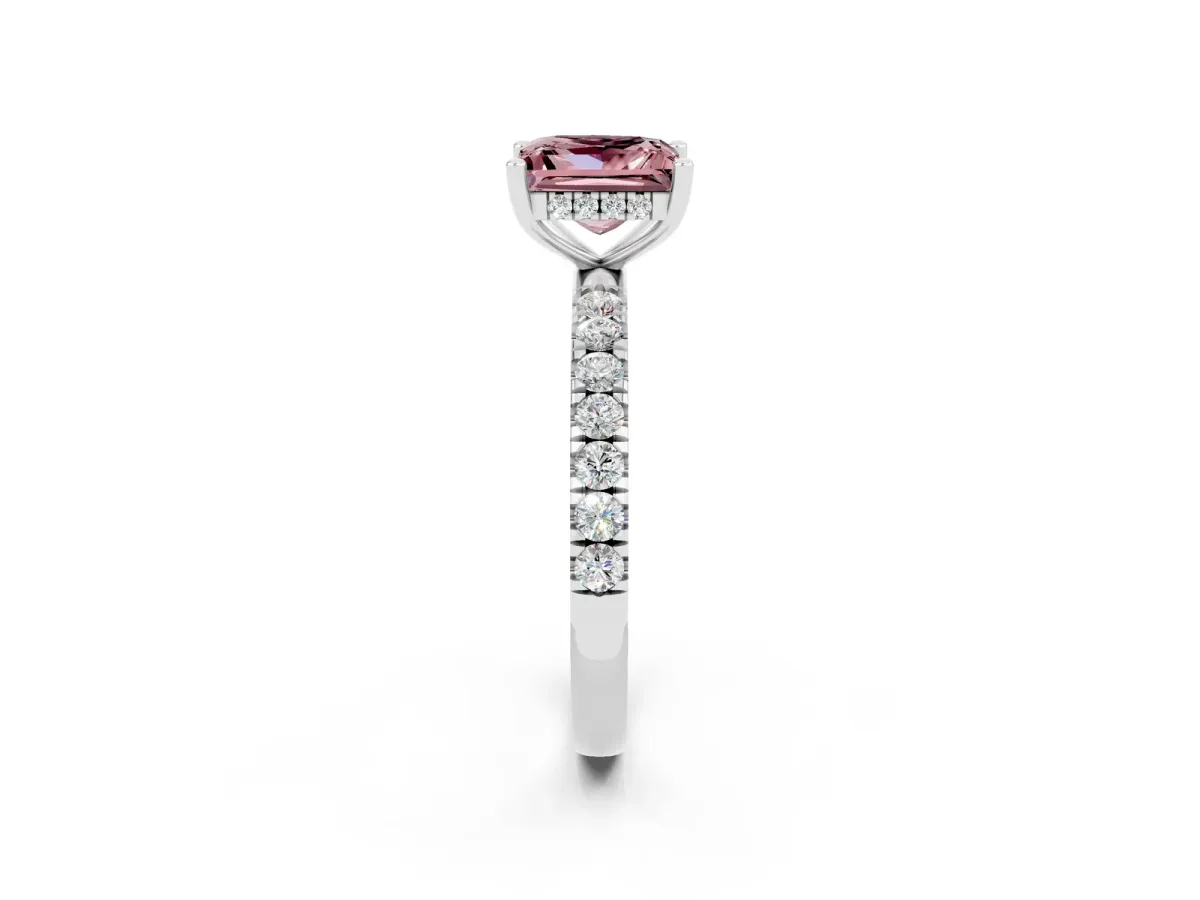 Princess Cut Morganite Pave Band Solitaire Ring with Round and Prong Setting Platinum