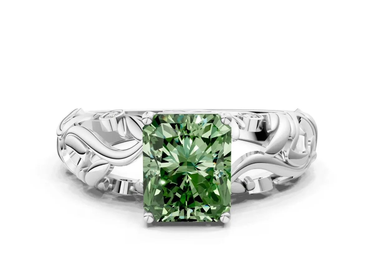 Fancy Green Radiant Cut Solitaire Diamond Leaf-Inspired Vine Band Ring with Prong Setting Platinum