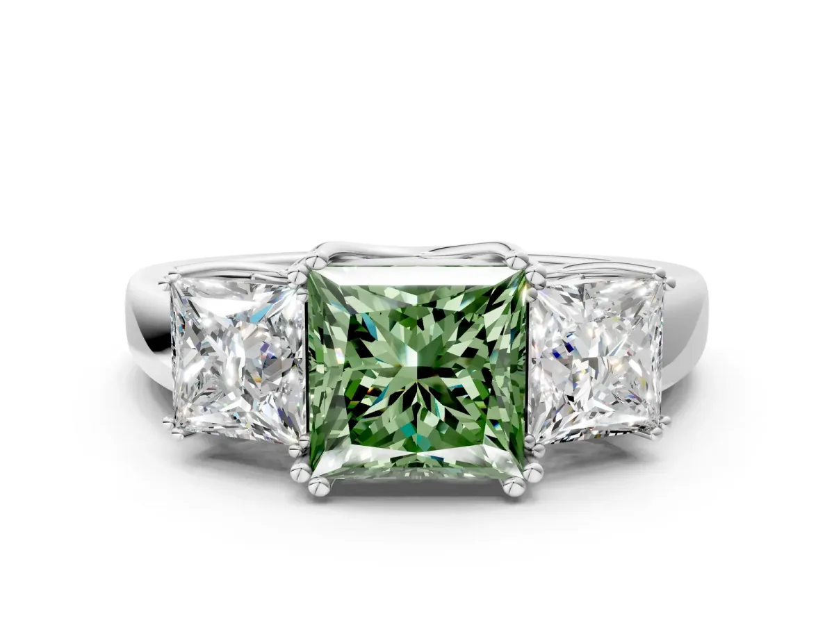 Fancy Green Three-Stone Princess Cut Cut Diamond Ring with Channel Set Band and Four-Prong Setting Silver