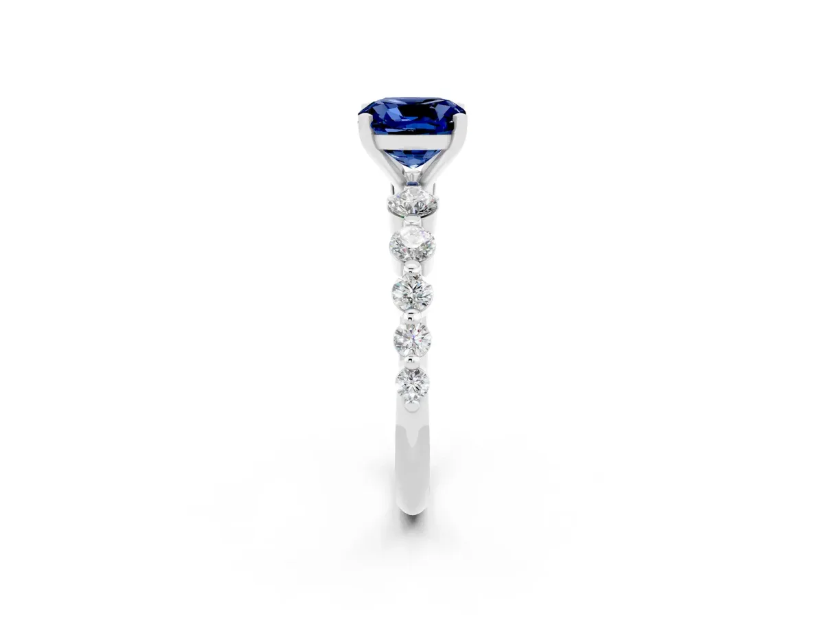 Cushion Cut Solitaire Blue Sapphire Ring with Pave Band and Four-Prong Setting Silver