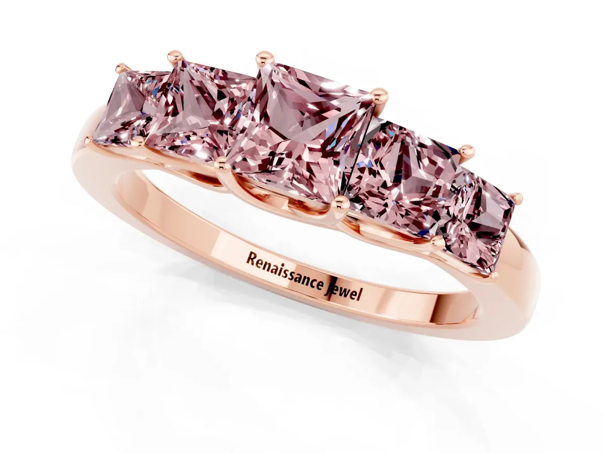 Princess Cut Five-Stone Morganite Ring with Classic Prong Setting Rose gold