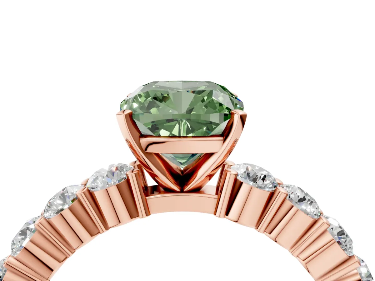 Fancy Green Cushion Cut Diamond Solitaire Ring with Shared Prong Round Side Stones Rose gold
