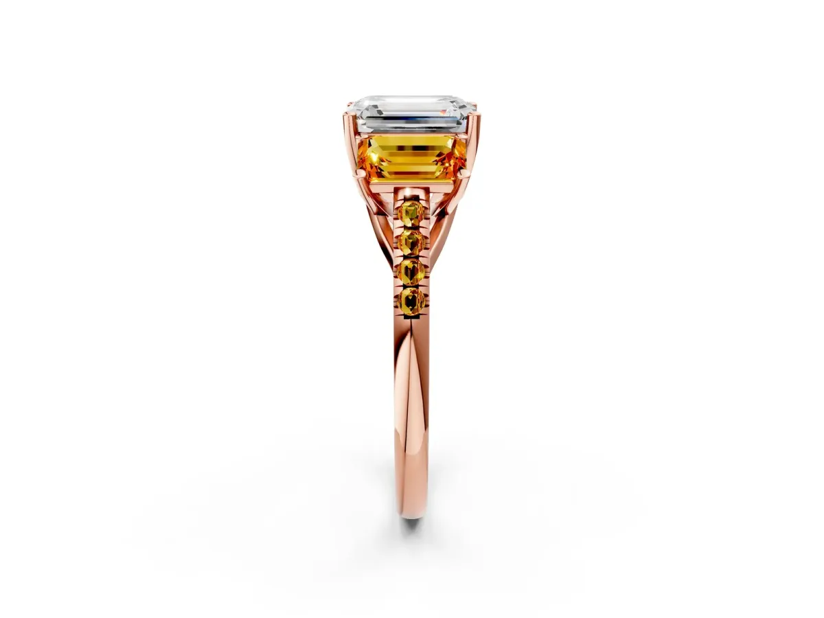 Three-Stone Emerald Cut Diamond Ring with Round Citrine Pavé Band and Prong Setting Rose gold