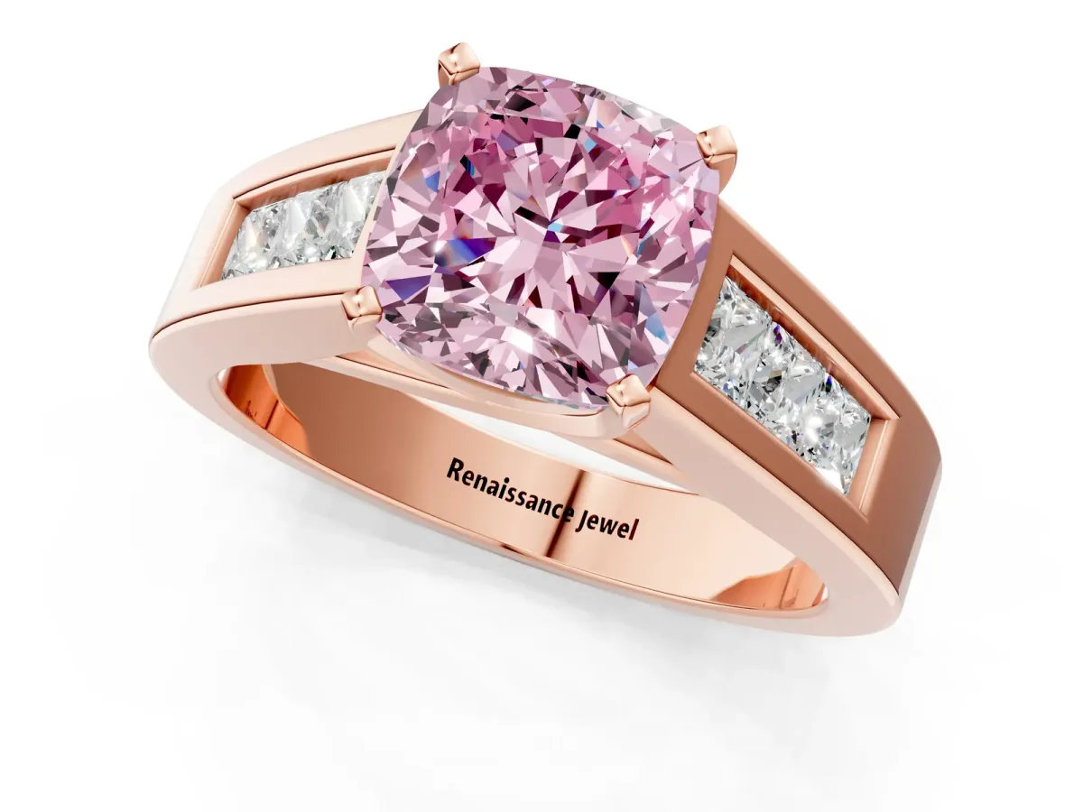 Fancy Pink Cushion Cut Cut Channel Set Solitaire Ring with Four-Prong Setting Rose gold