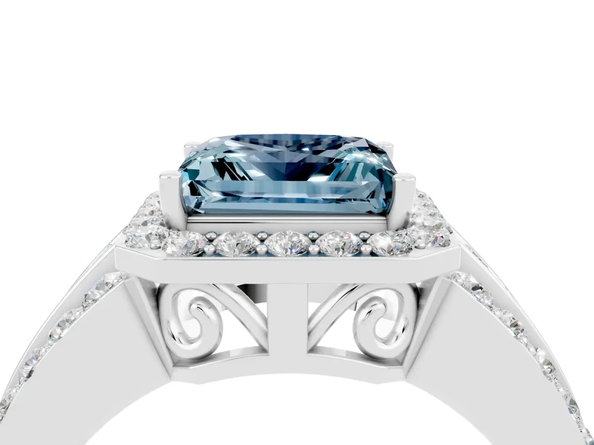 Princess Cut Halo Aquamarine Ring with Round Split Shank and Prong Setting Silver