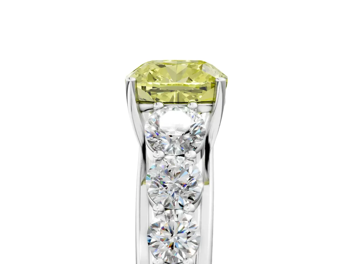 Fancy Yellow Cushion Cut Brilliant Diamond Pavé Band with Six-Prong Setting Silver