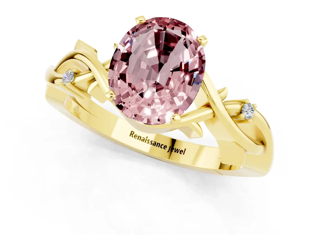 Oval Cut Morganite Solitaire Ring with Twisted Band and Prong Setting Yellow gold