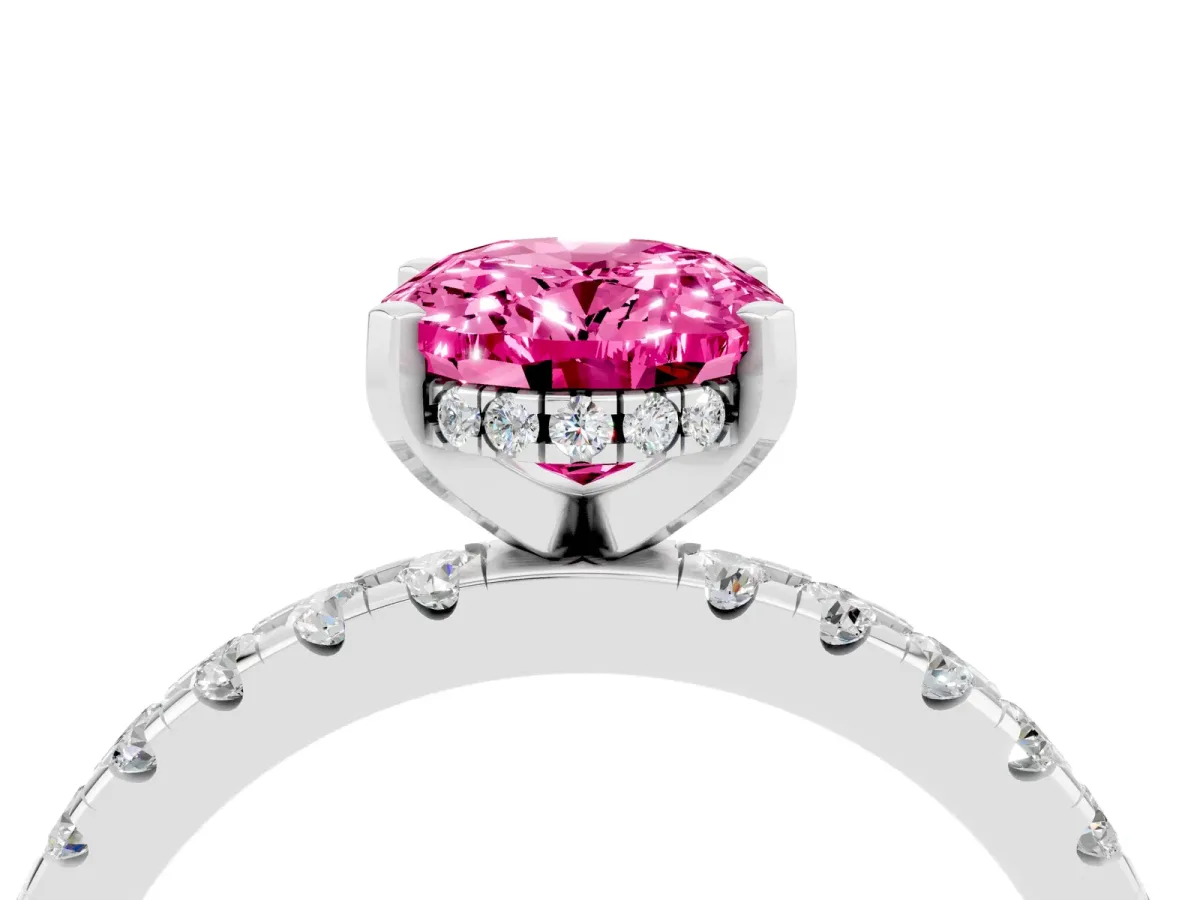 Oval Cut Pink Sapphire Solitaire Ring with Round Pavé Band and Four-Prong Setting Silver