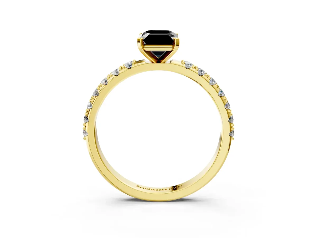 Fancy Black Emerald Cut Diamond Solitaire Pavé Band with Four-Prong Setting Yellow gold