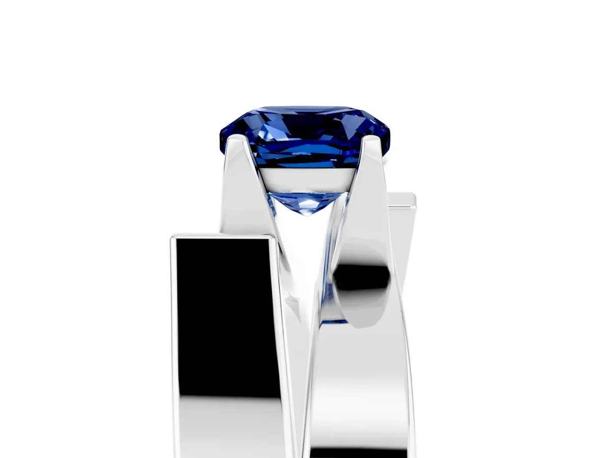 Modern Tension Set Cushion Cut Blue Sapphire Solitaire Wide Band Ring Silver