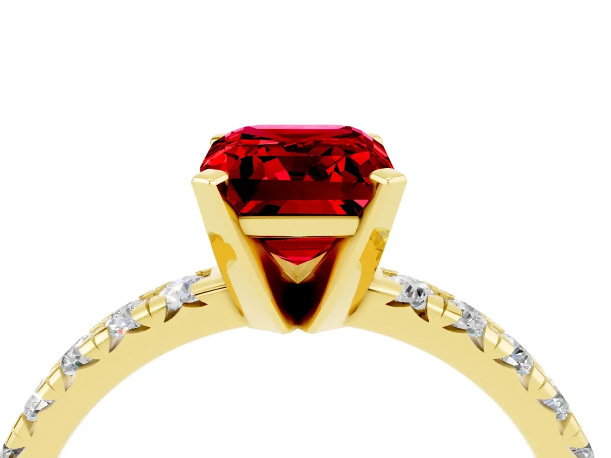 Emerald Cut Ruby Solitaire Pavé Engagement Ring with Round Band and Prong Setting Yellow gold