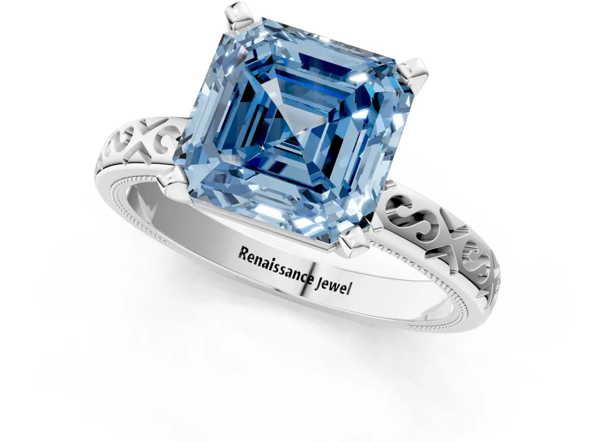 Fancy Blue Asscher Cut Solitaire Engagement Ring with Scrollwork Band and Four-Prong Setting Platinum