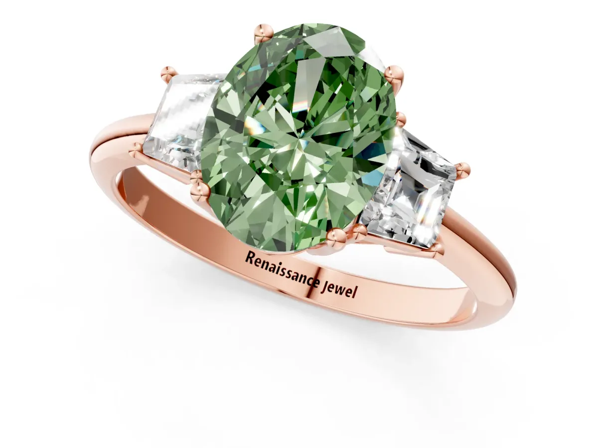 Fancy Green Oval Cut Diamond Three-Stone Ring with Trapezoid Side Stones and Prong Setting Rose gold