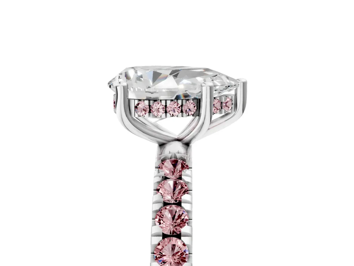 Pear Cut Diamond Pave Band Solitaire Ring with Round Morganite and Prong Setting Platinum