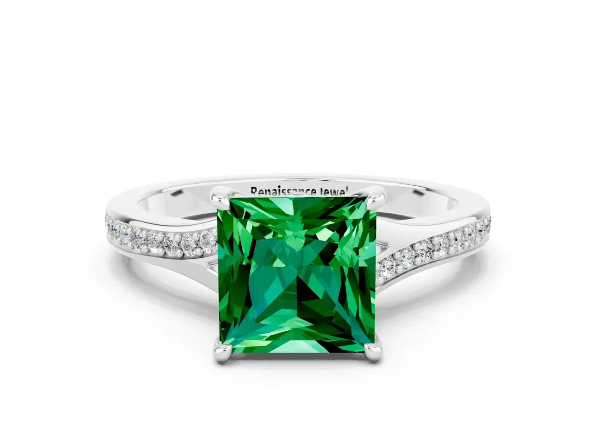 Princess Cut Emerald Solitaire Ring with Pavé Band and Prong Setting Silver