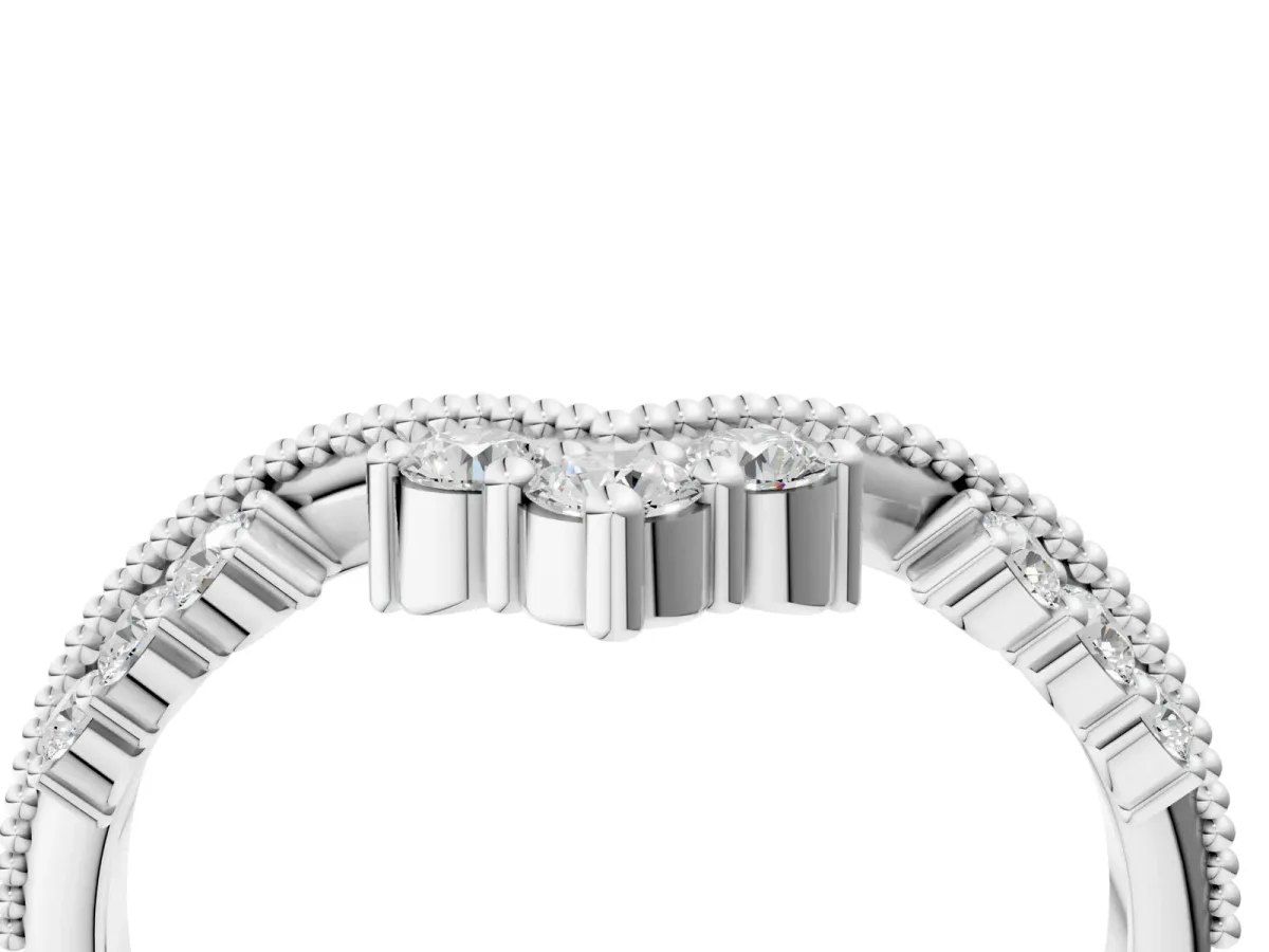 Diamond Chevron Milgrain Band with Round Cut Stones and Prong Setting Silver
