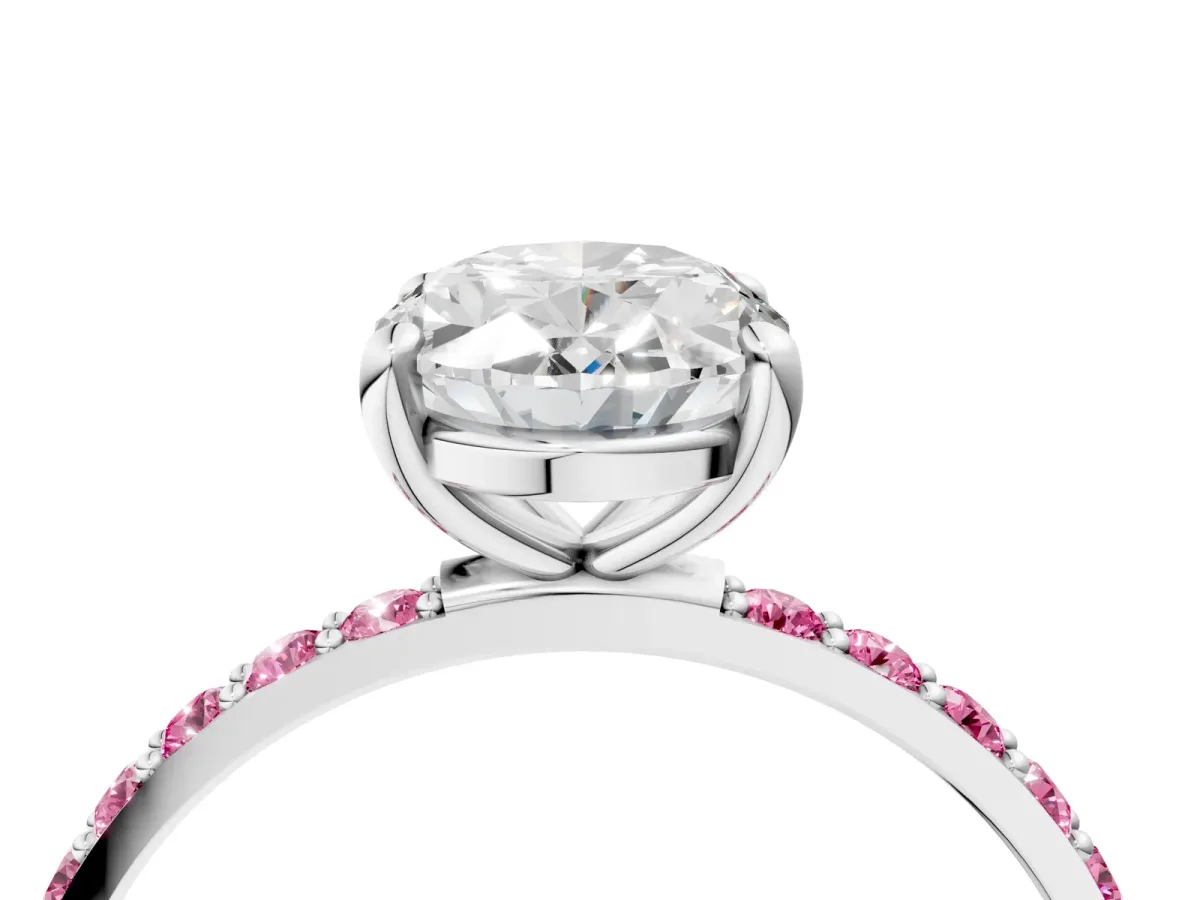 Oval Cut Diamond Solitaire Ring with Round Pink Sapphire Pavé Band and Prong Setting Silver