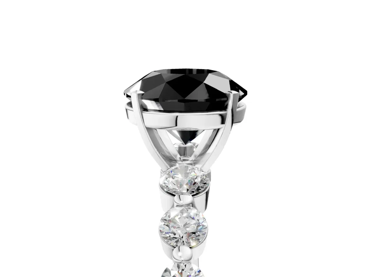 Fancy Black Round Cut Solitaire Diamond Ring with Pave Band and Four-Prong Setting Platinum