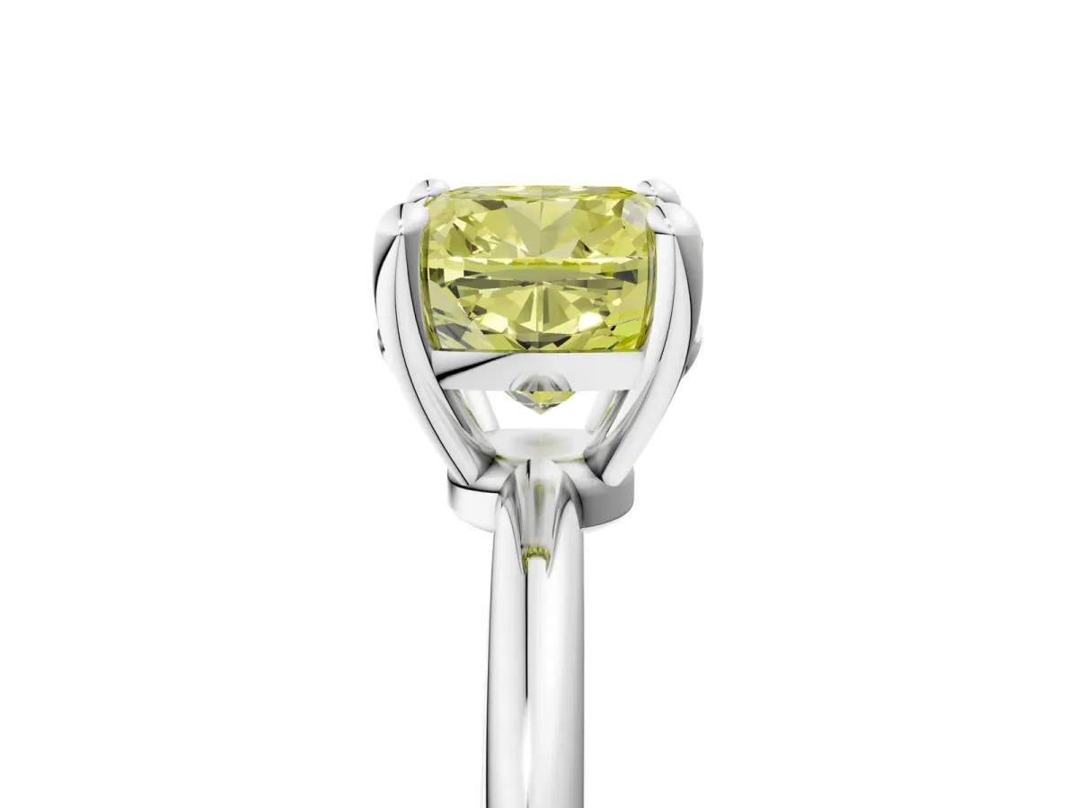 Fancy Yellow Cushion Cut Solitaire Diamond Ring with 4-Prong Setting on a Classic Band Silver