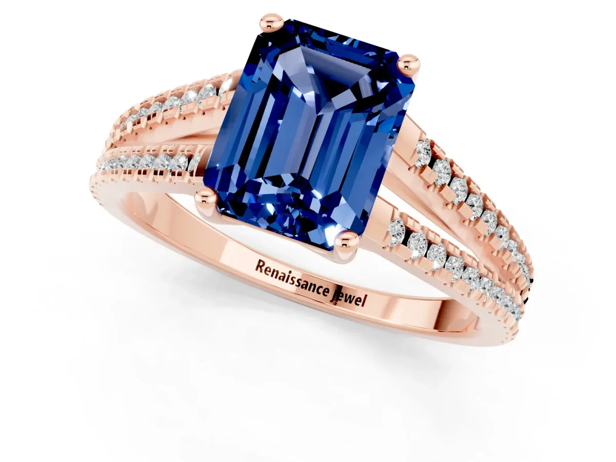 Emerald Cut Blue Sapphire Solitaire Engagement Ring with Split Shank Pavé Band Rose gold