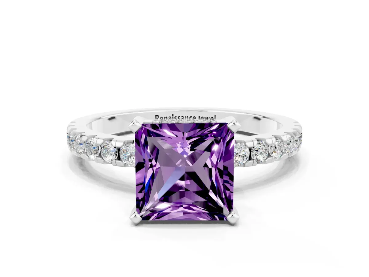 Princess Cut Amethyst Solitaire Ring with Round Pavé Band and Four-Prong Setting Silver