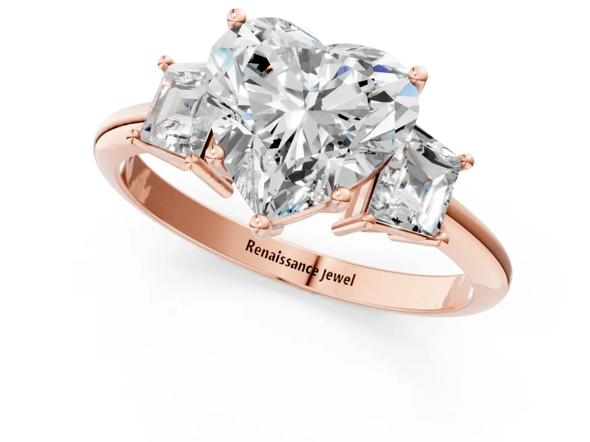 Heart Cut Diamond Three-Stone Ring with Trapezoid Side Stones and Prong Setting Rose gold