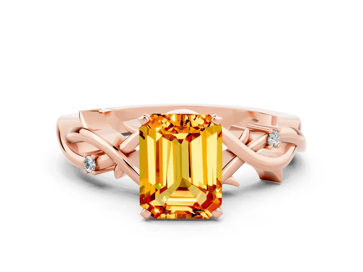 Emerald Cut Citrine Solitaire Ring with Twisted Band and Prong Setting Rose gold