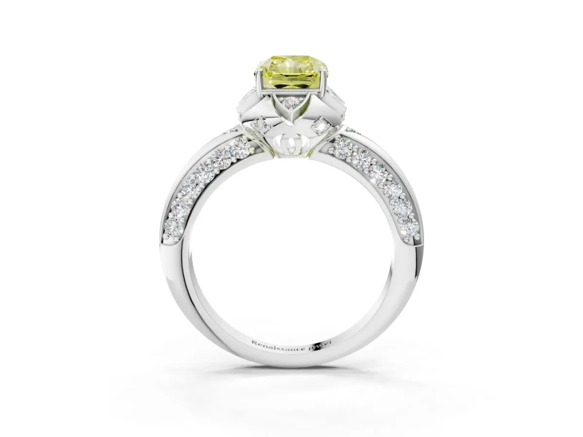 Fancy Yellow Radiant Cut Halo Split Shank Pave Diamond Ring with Petal Prong Setting Platinum