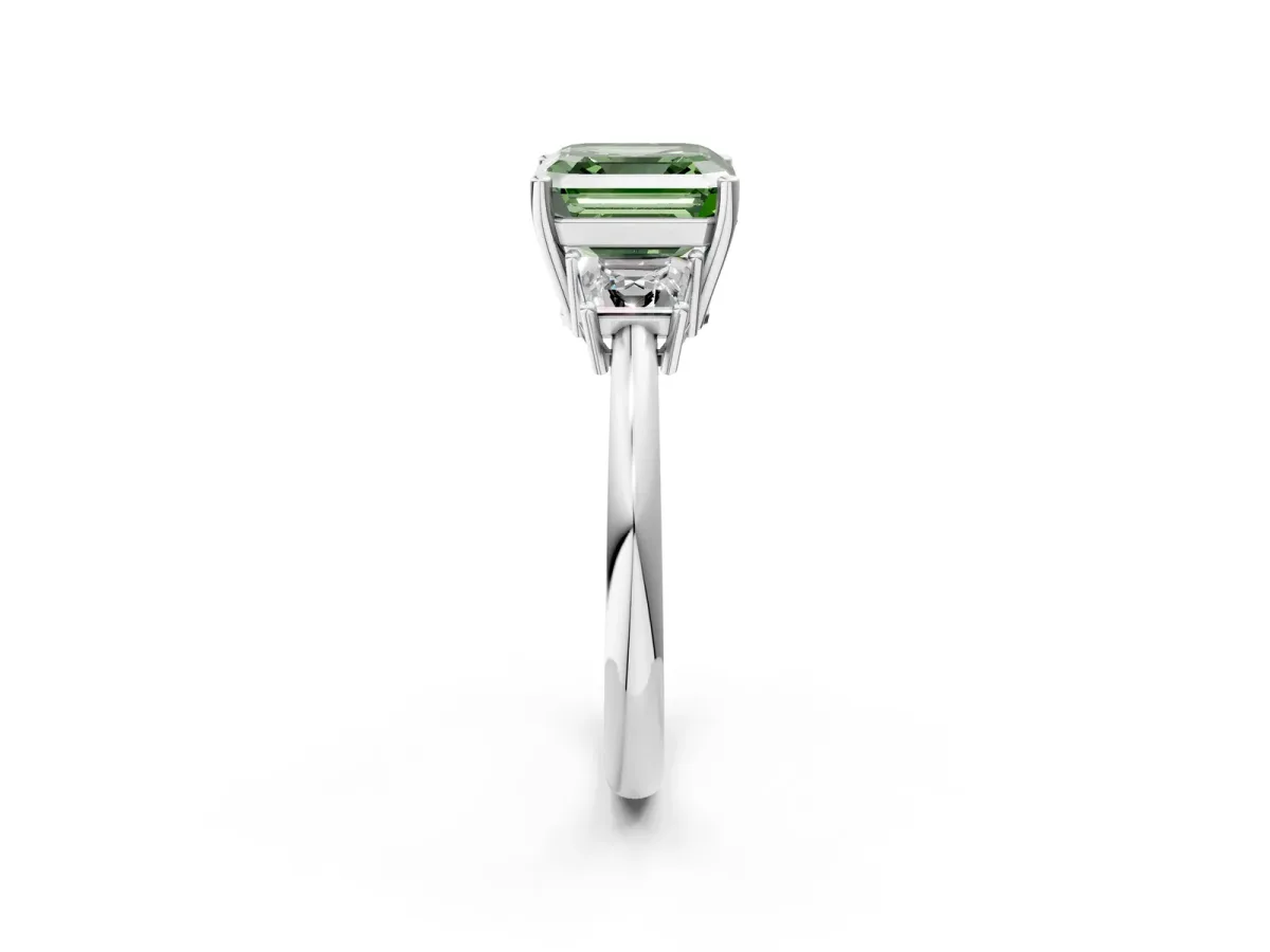 Fancy Green Asscher Cut Diamond Three-Stone Ring with Trapezoid Side Stones and Prong Setting Silver