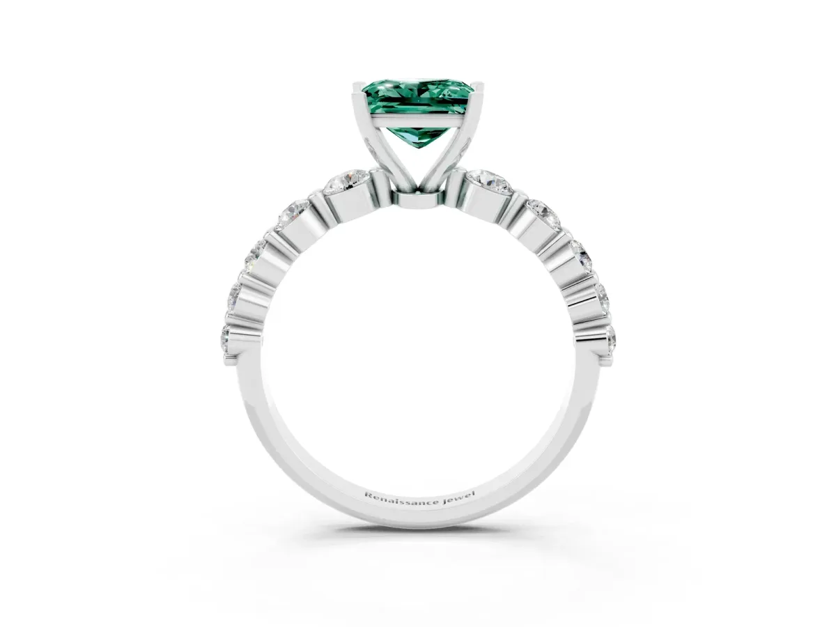 Princess Cut Solitaire Green Sapphire Ring with Pave Band and Four-Prong Setting Silver