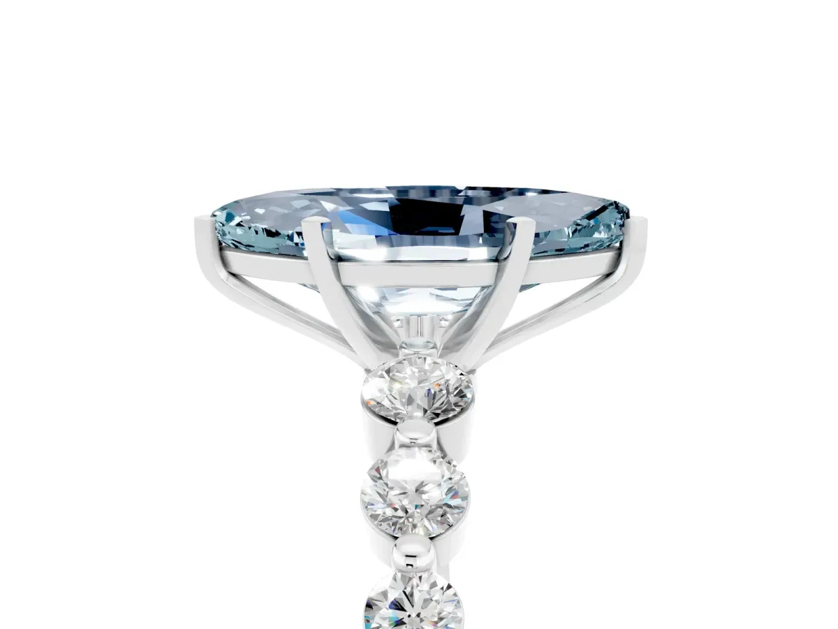 Marquise Cut Solitaire Aquamarine Ring with Pave Band and Four-Prong Setting Silver