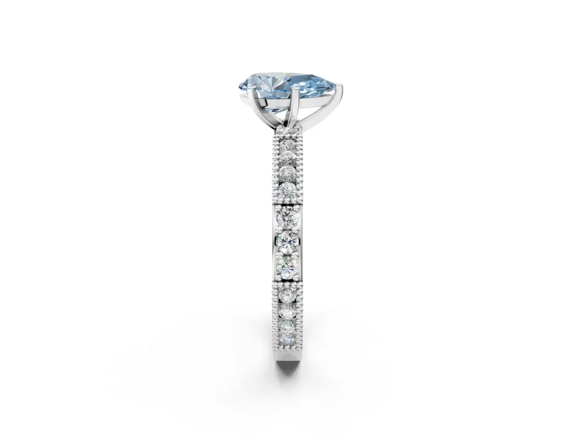 Fancy Blue Pear Cut Solitaire with Pavé Band and Four-Prong Setting Platinum