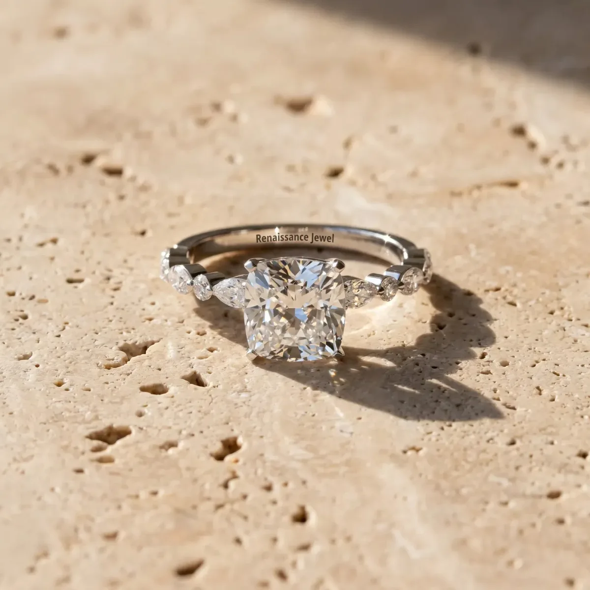 Cushion Cut Diamond Ring with Marquise and Round Side Stones and Four-Prong Setting Silver