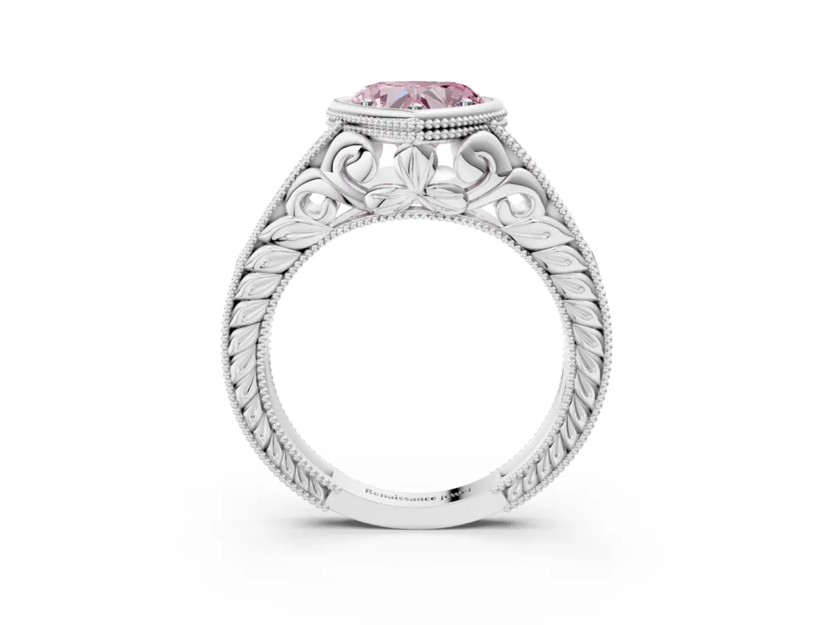 Fancy Pink Bezel Set Heart Cut Diamond Milgrain Pave Engagement Ring Platinum